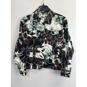 Vintage Coldwater Creek Women's‎ PL Button Front Black Floral Jacket Pockets